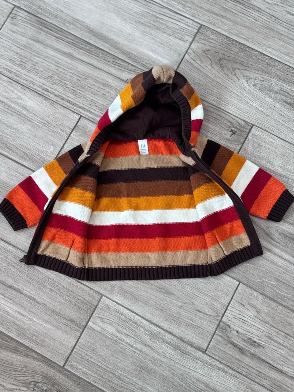 Baby GAP Striped Hooded full Zip-Up Sweater Pockets Size 9-12 Month - Picture 4 of 7